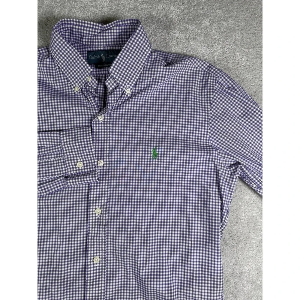 Polo Ralph Lauren Button Shirt Mens S Purple Gingham Check Custom Fit Green Pony
